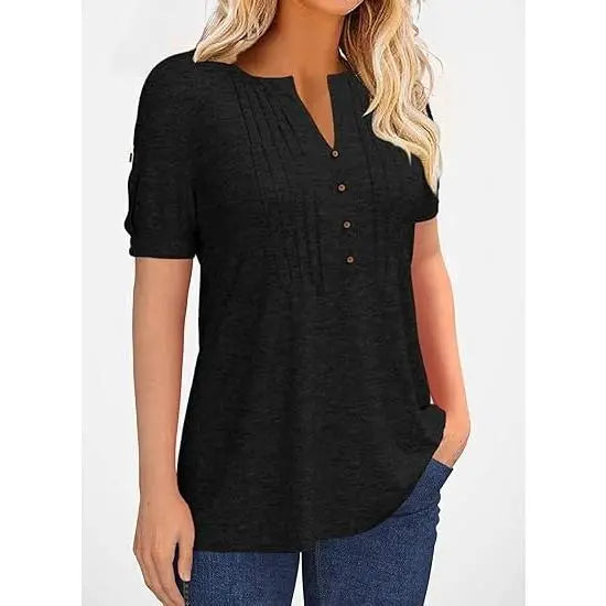 Imily Bela Women's V-Neck Button Lantern Sleeve T-Shirt