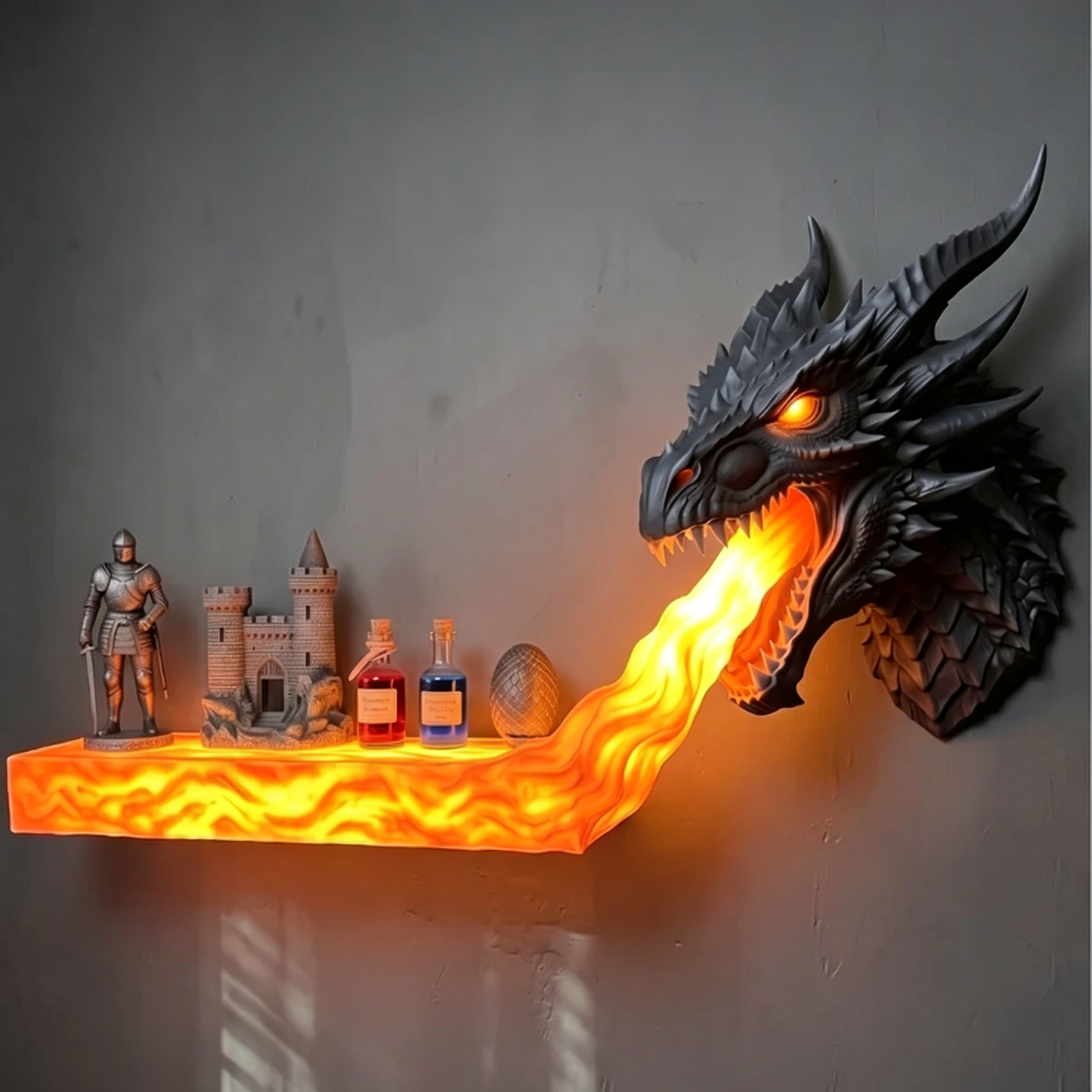 LED fire-breathing dragon wall decoration, wall hanging shelf with glowing flame lights