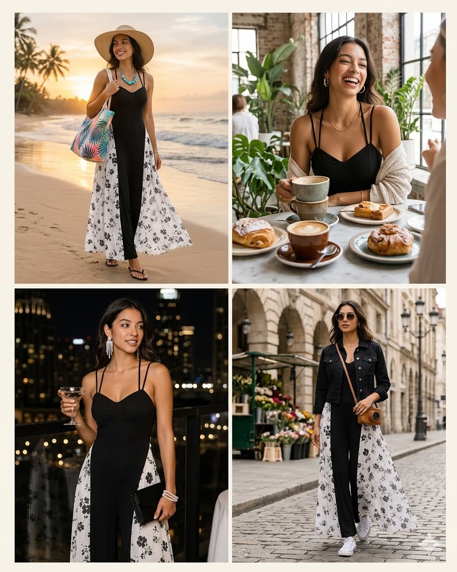 Women’s Viral Black & White Floral Maxi Dress – Elegant Spaghetti Strap Summer Dress