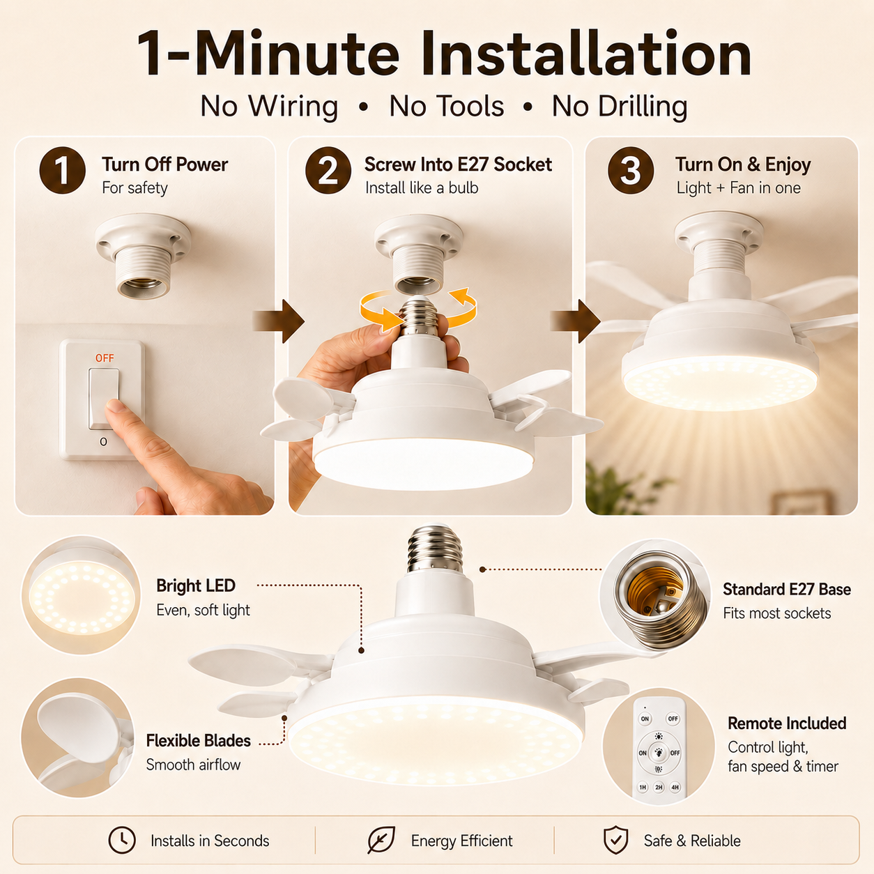 E27 Screw-In Fan Light with Remote – 2-in-1 LED Ceiling Fan Bulb
