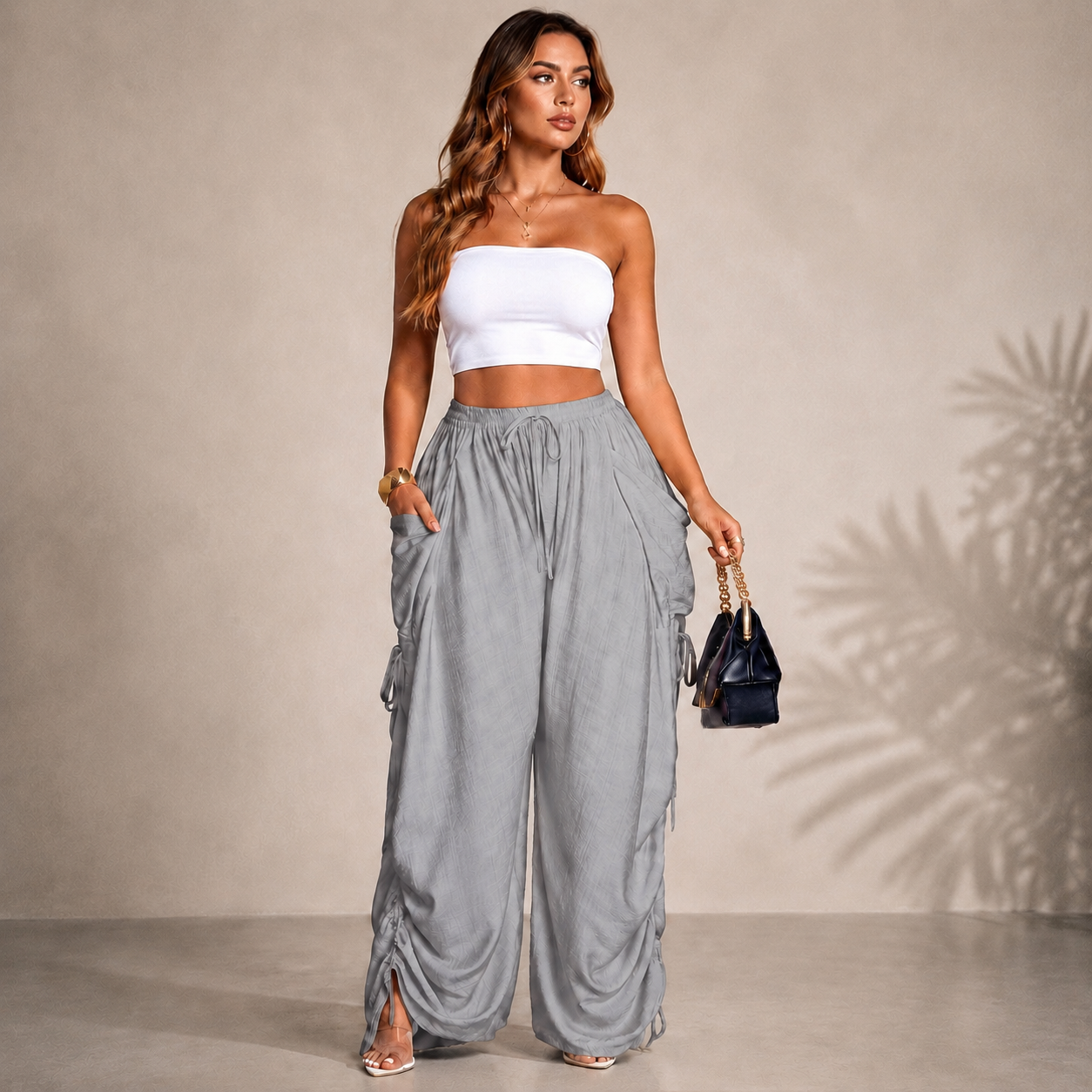 Women’s Relaxed Wide-Leg Pants – Adjustable Drawstring Waist Casual Trousers