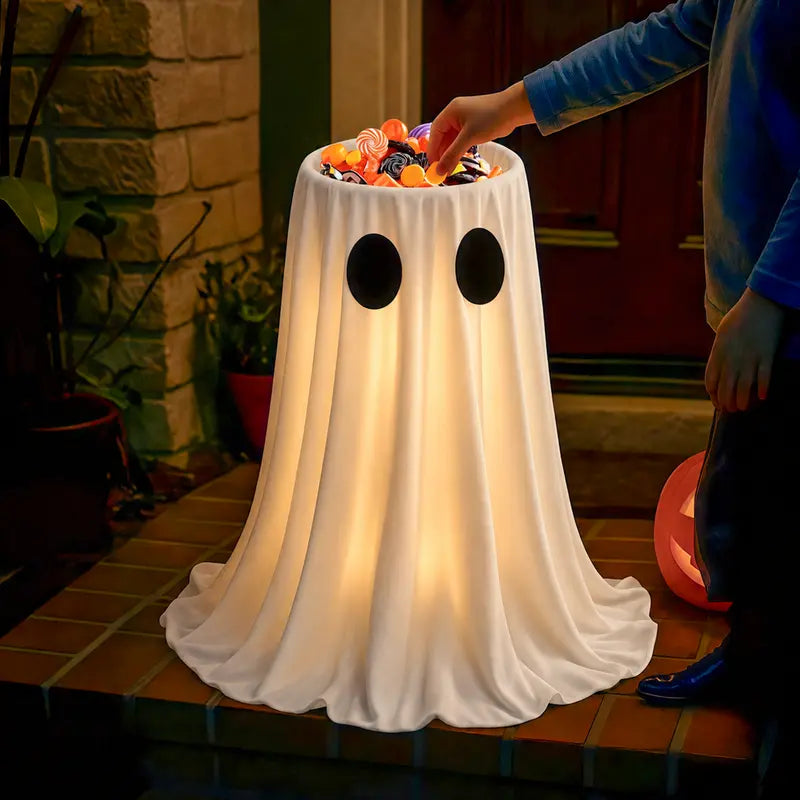 Glowing Ghost Candy Holder Lights Up Trick-or-Treat Night