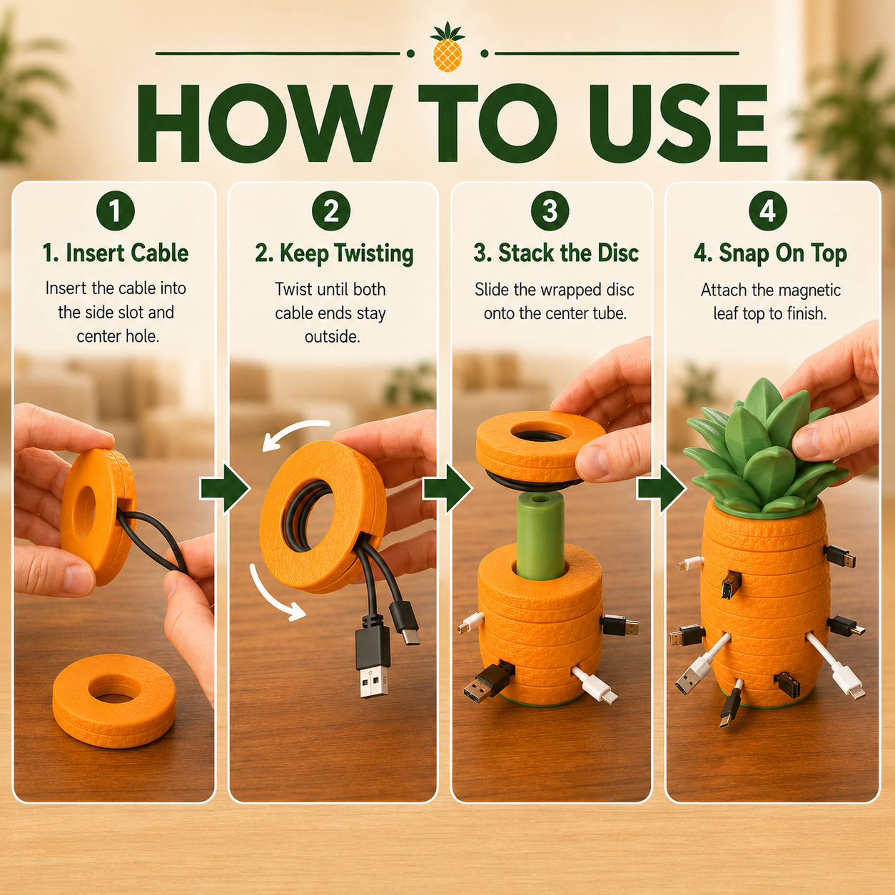 Pine tree-shaped charging cable organizer – creating a tidy desktop