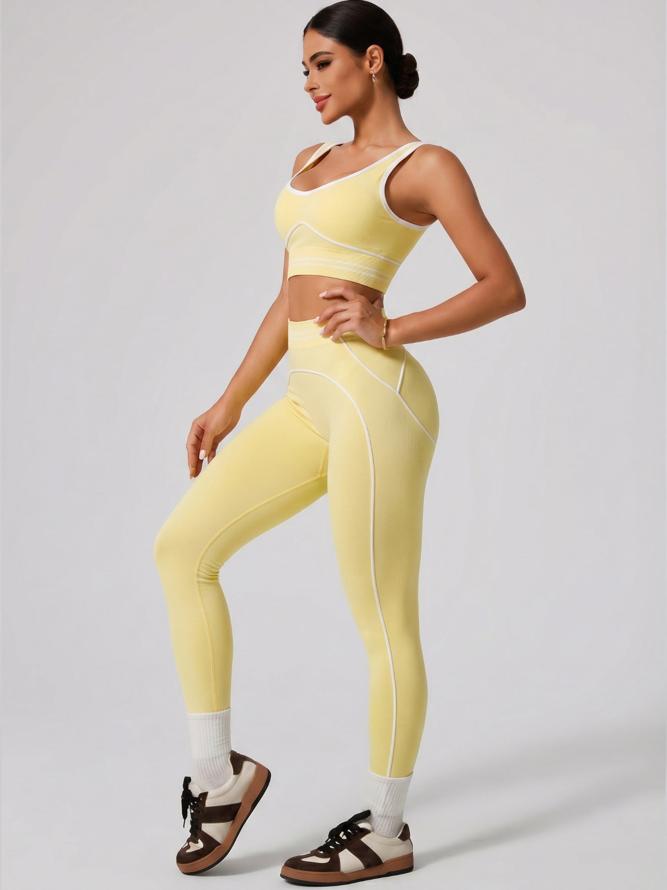 Premium Tummy-Control Contrast Stripe Gym Yoga Set (2-Piece)