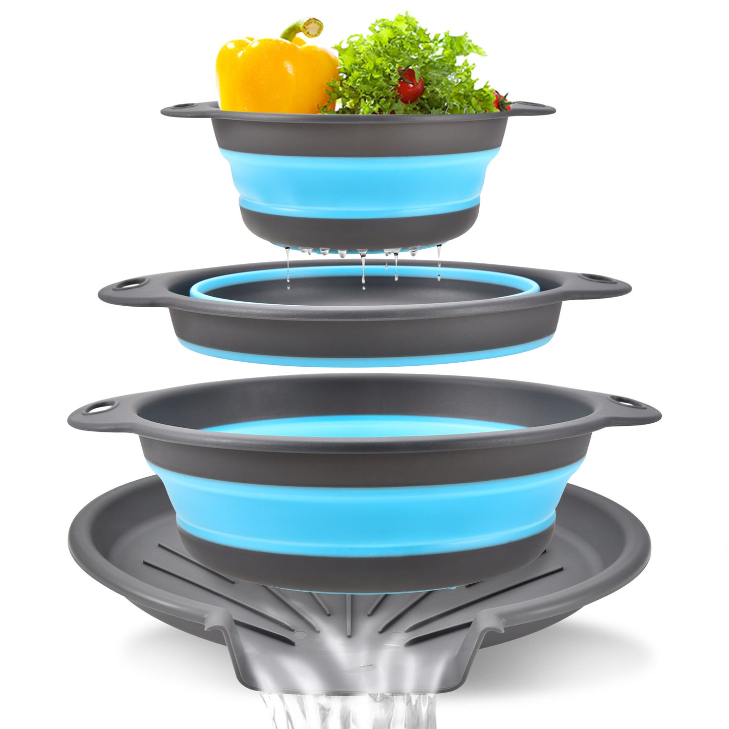 3-Piece Collapsible Colander Set with Self-Draining Base