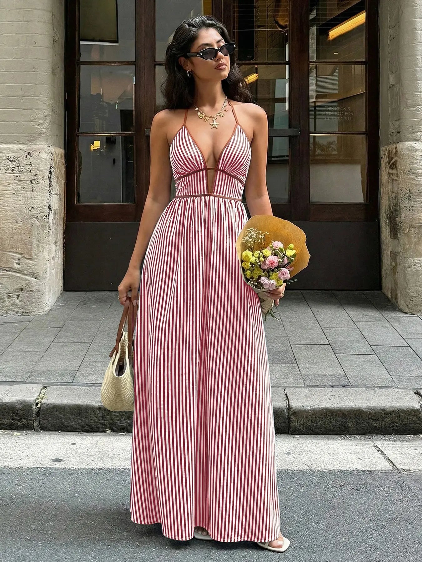 Instant Slimming Striped Maxi Dress – Elegant Deep V-Neck Halter Resort Dress