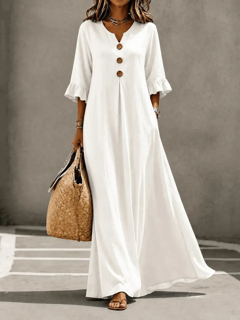 Women's Boho V-Neck Dress with Wooden Buttons, Ruffle Sleeves & Loose A-Line Fit