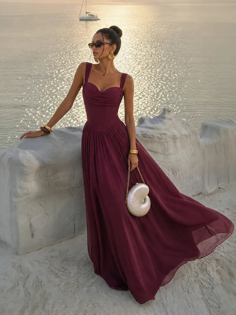 French Corset Pleated Maxi Dress - Strapless Flowy Vacation & Evening Dress