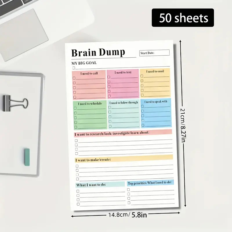 ADHD Brain Dump Planner Notepad - 50 Tear-Off Sheets (8.5x6.5in)