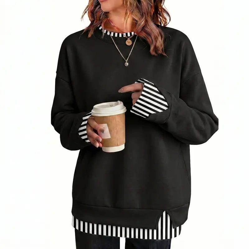 Effortless Casual Style: Women's Relaxed Layered Crewneck Sweatshirt Everyday Top