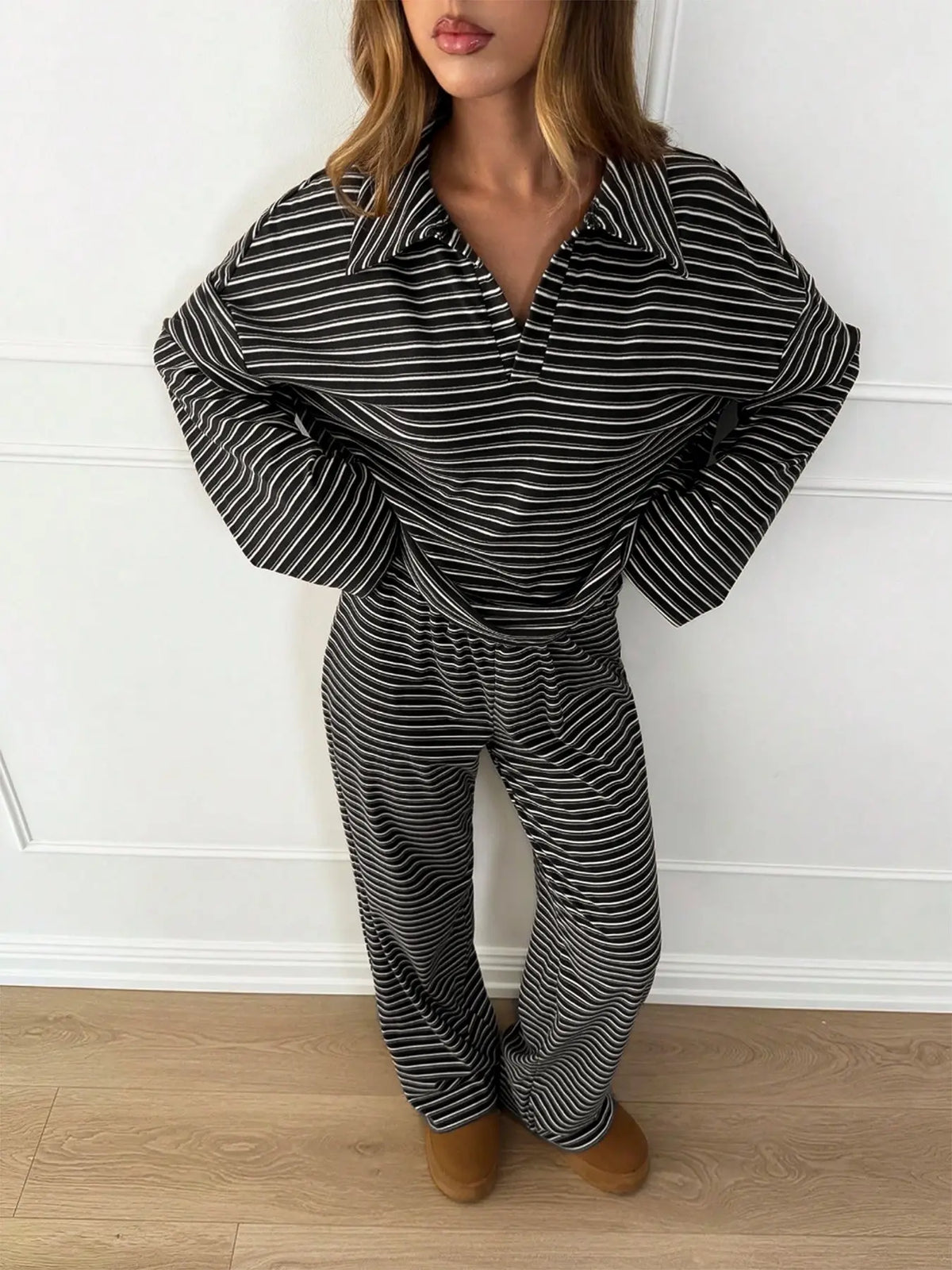 Casual Striped Long Sleeve Wide Leg Pants Lounge Set