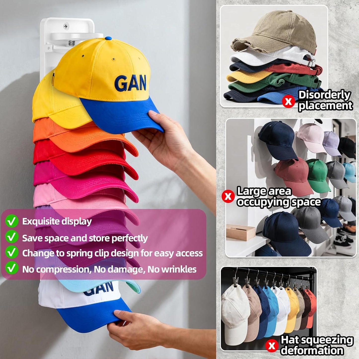 Wall-Mounted Baseball Cap Organizer Rack (8-Tier Single)
