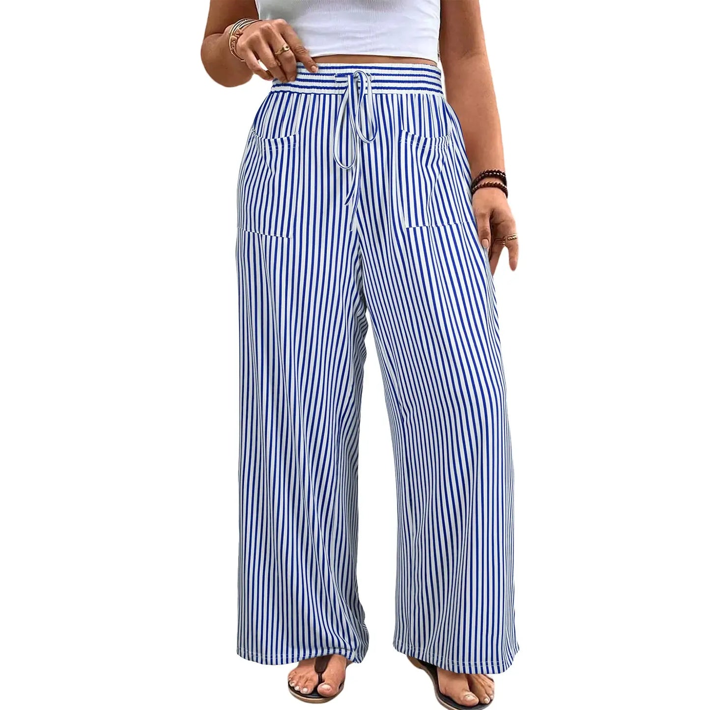 Ultra-Comfort High-Waisted Striped Wide Leg Pants with Deep Pockets