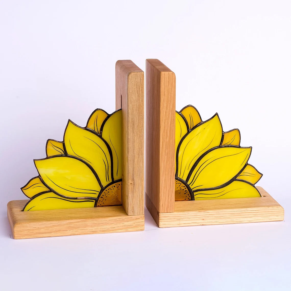 Handcrafted Sunflower Stained Glass Bookend with Premium Oak Base