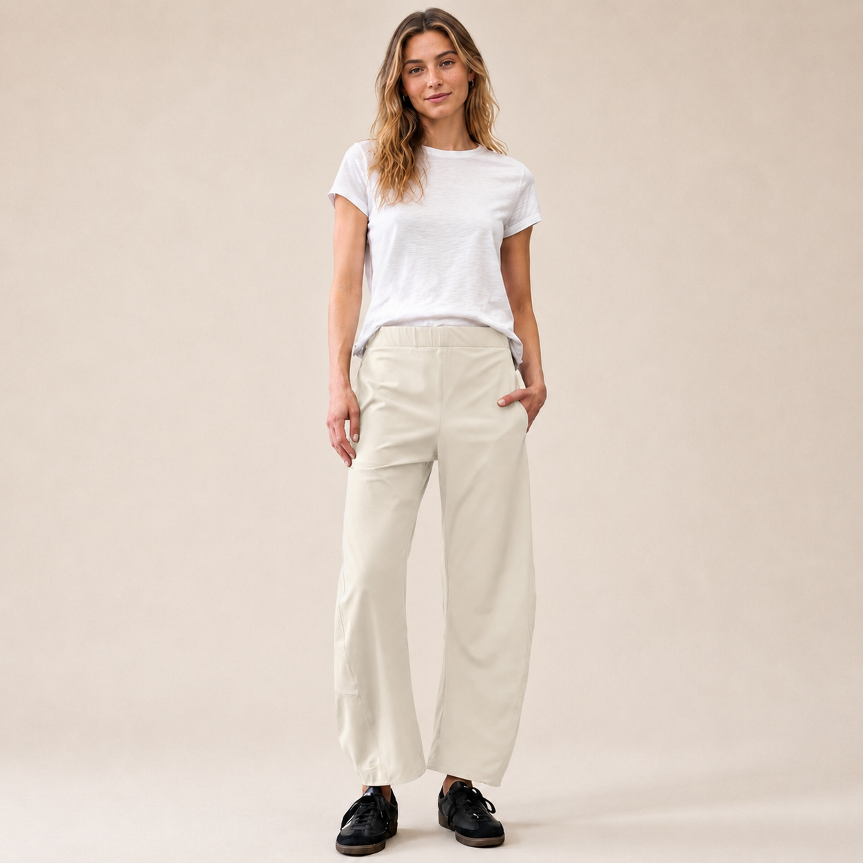 Women's Mid Rise Barrel Leg Pants, Elastic Waist Baggy Casual Trousers with Pockets