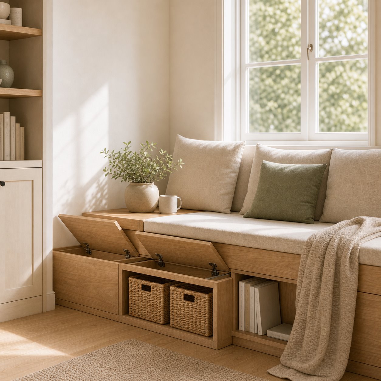 Warm living room window seat with hidden storage, woven baskets, and sage cushions