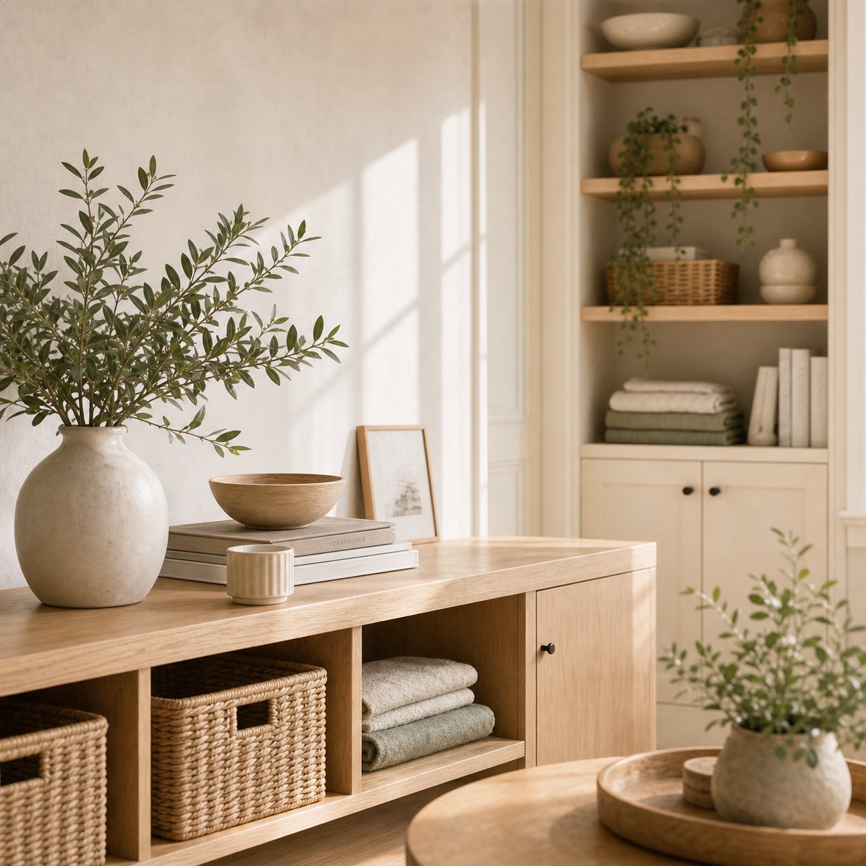 Warm Scandinavian corner with natural wood storage and soft daylight