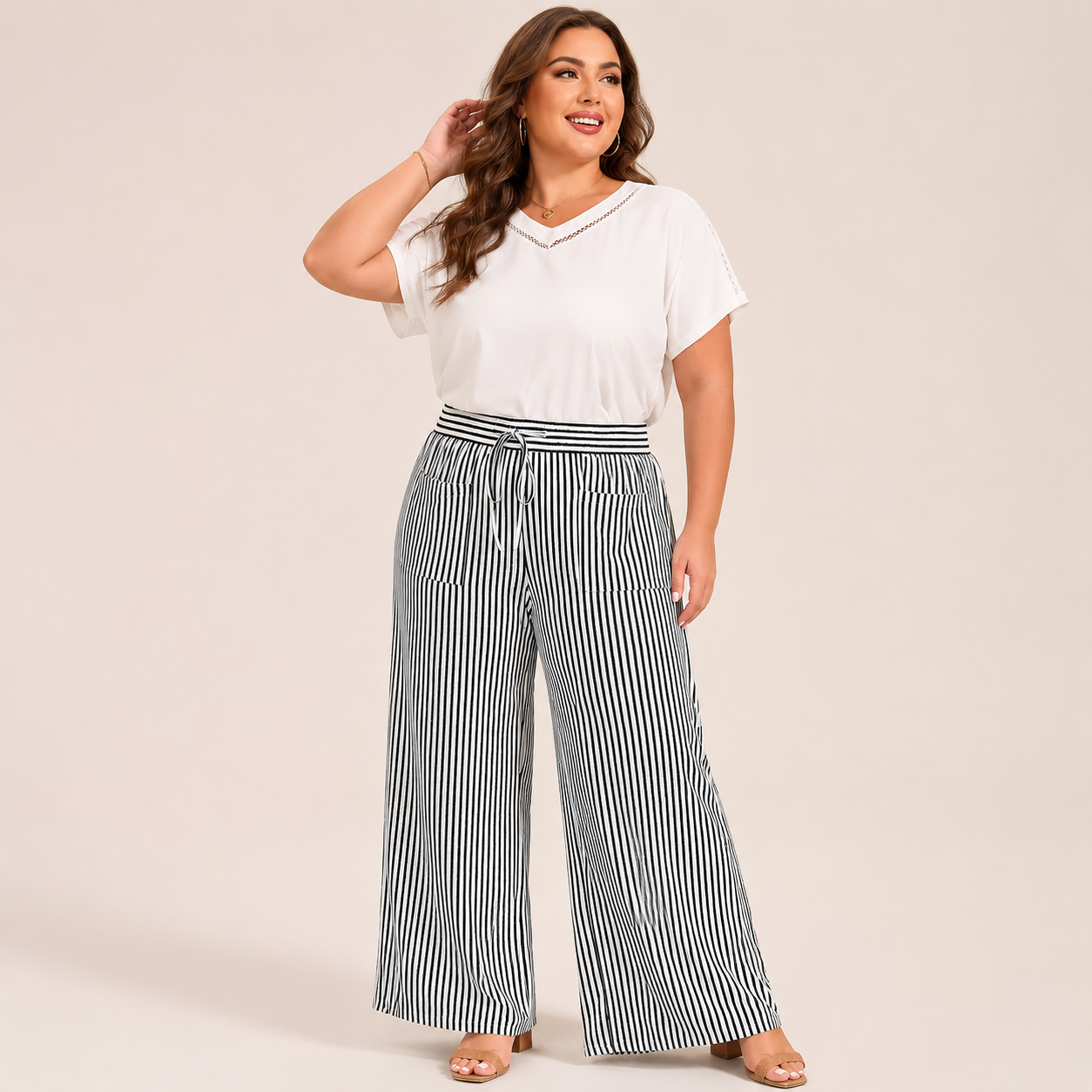 Ultra-Comfort High-Waisted Striped Wide Leg Pants with Deep Pockets