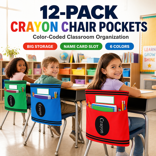 12-Pack Crayon Chair Back Pockets for Classroom Storage
