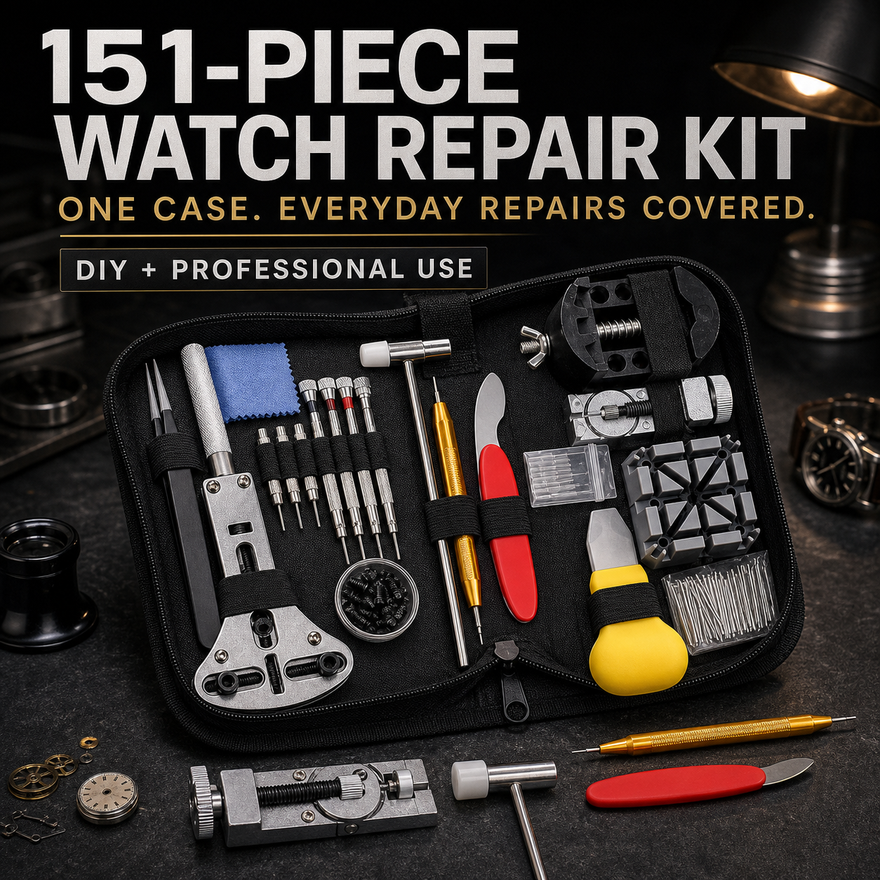151-Piece Watch Repair Tool Kit - Black Carrying Case