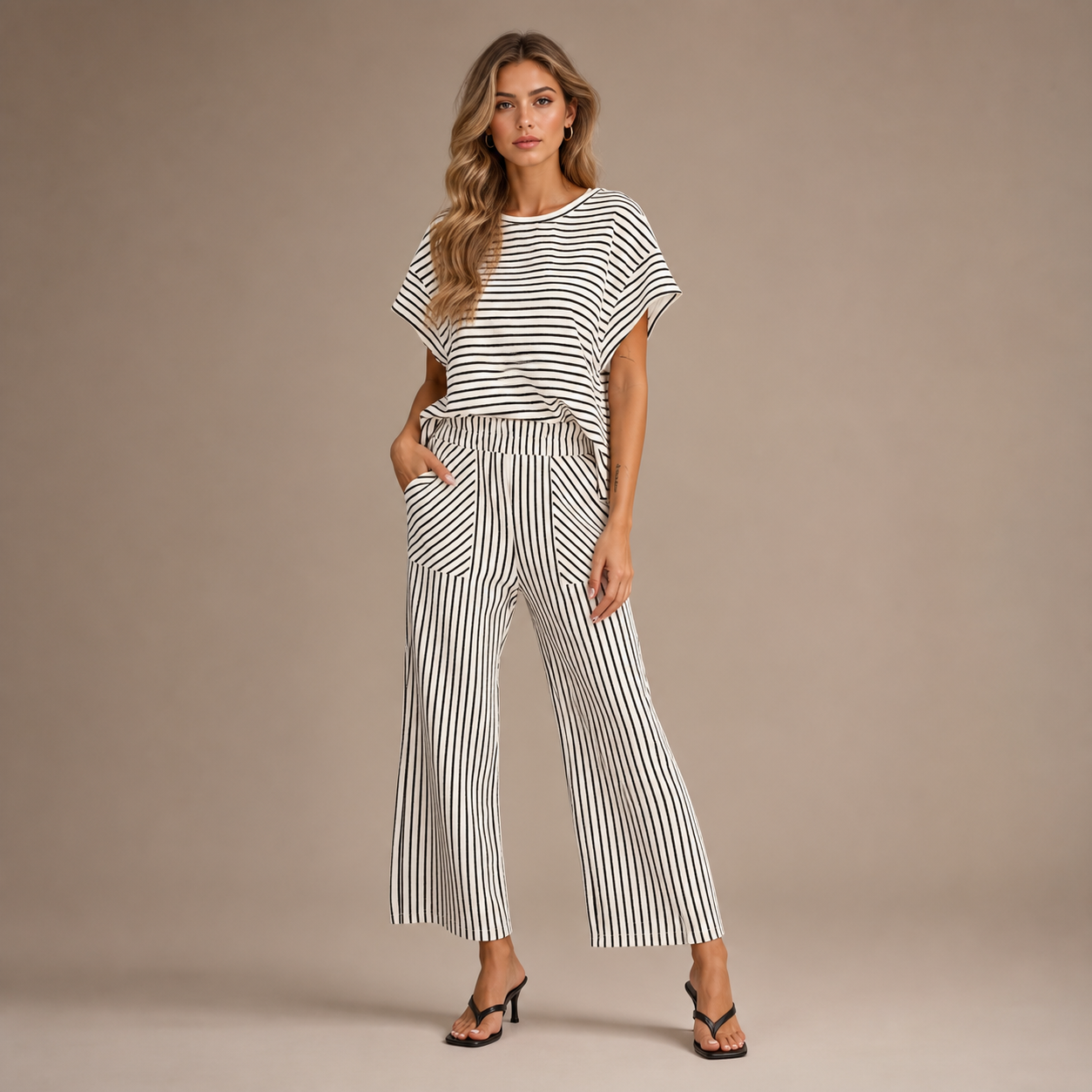 Women's Striped Short-Sleeve T-Shirt &amp; Wide-Leg Pants Set