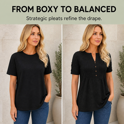 Imily Bela Women's V-Neck Button Lantern Sleeve T-Shirt