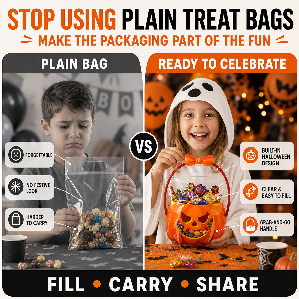 Halloween Plastic Goodie Bags for Candy, Treats & Party Favors