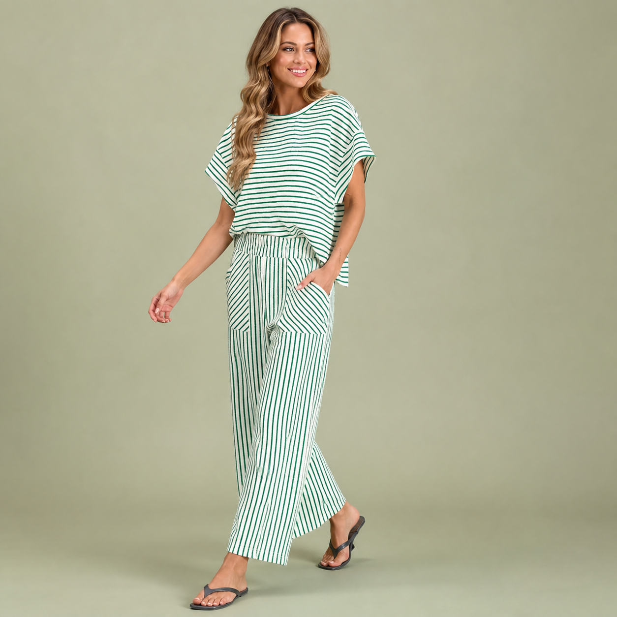 Women's Striped Short-Sleeve T-Shirt &amp; Wide-Leg Pants Set