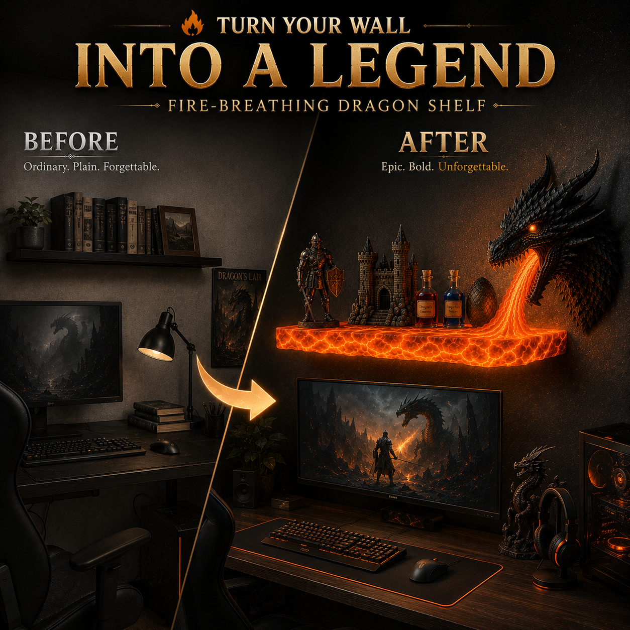 LED fire-breathing dragon wall decoration, wall hanging shelf with glowing flame lights