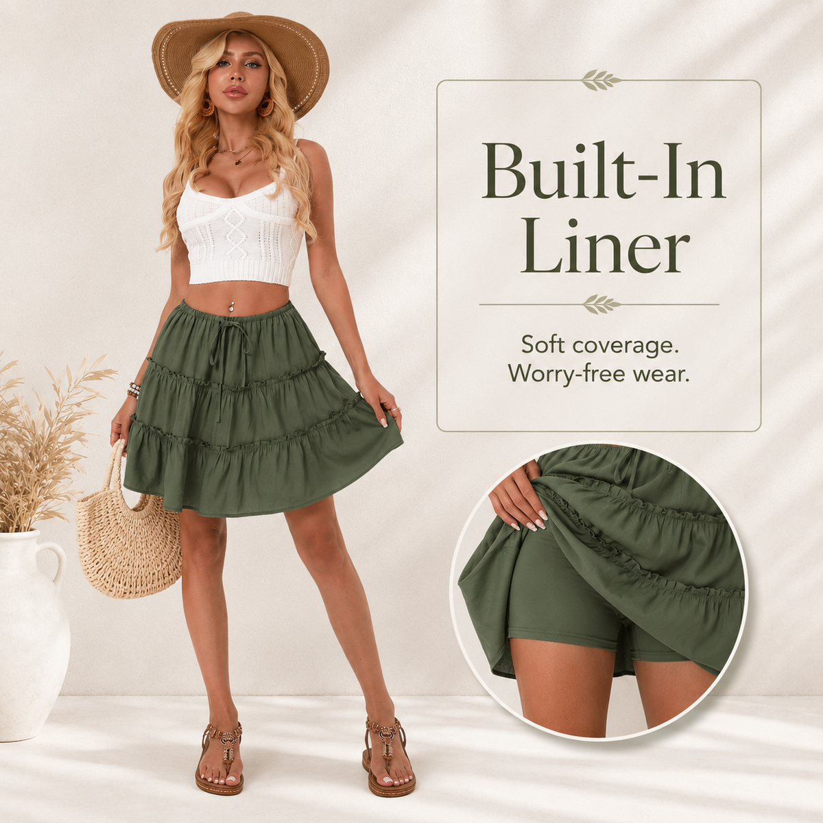 Flattering High-Waist Tie Wrap Mini Skort with Built-In Safety Liner