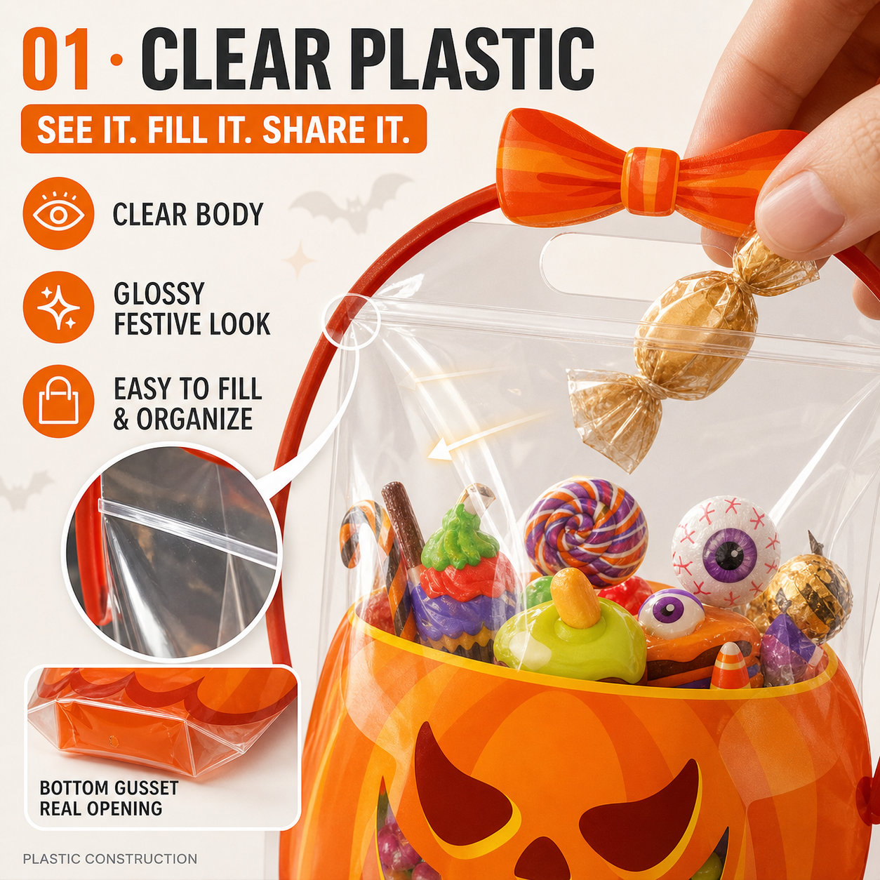 Halloween Plastic Goodie Bags for Candy, Treats & Party Favors
