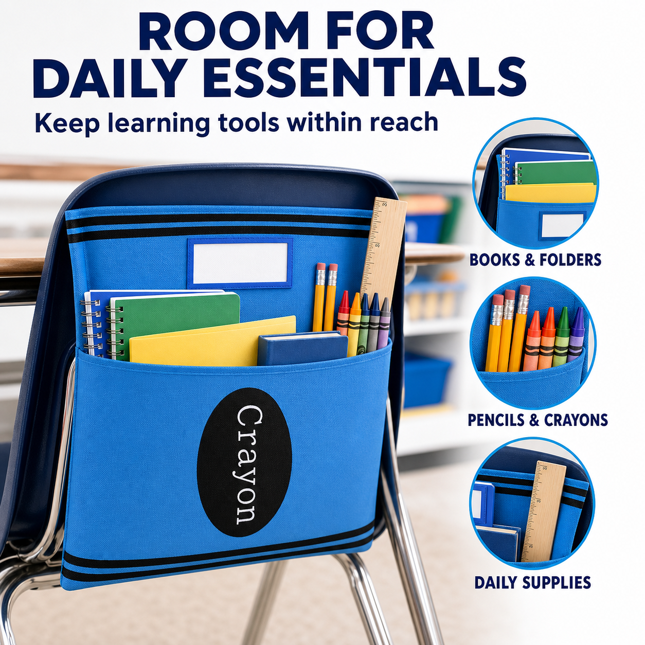 12-Pack Crayon Chair Back Pockets for Classroom Storage