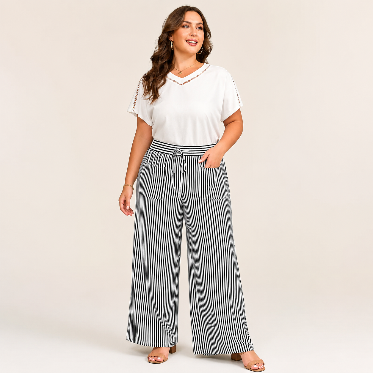Ultra-Comfort High-Waisted Striped Wide Leg Pants with Deep Pockets