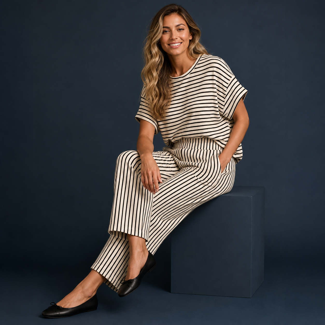 Women's Striped Short-Sleeve T-Shirt &amp; Wide-Leg Pants Set