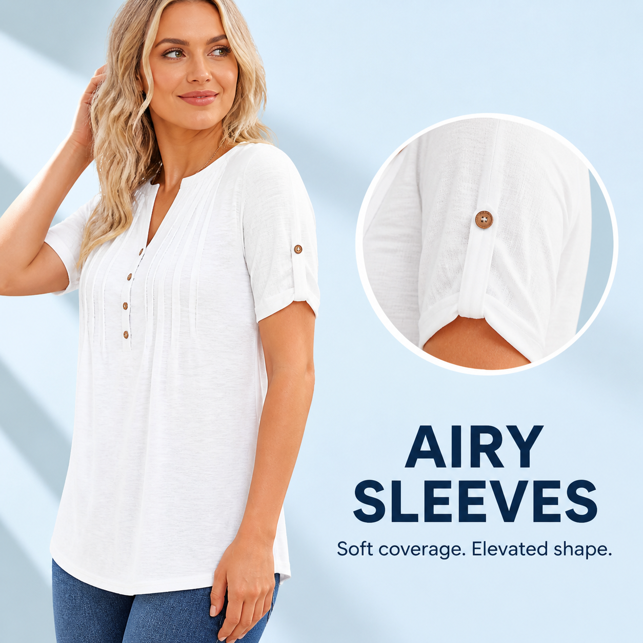 Imily Bela Women's V-Neck Button Lantern Sleeve T-Shirt