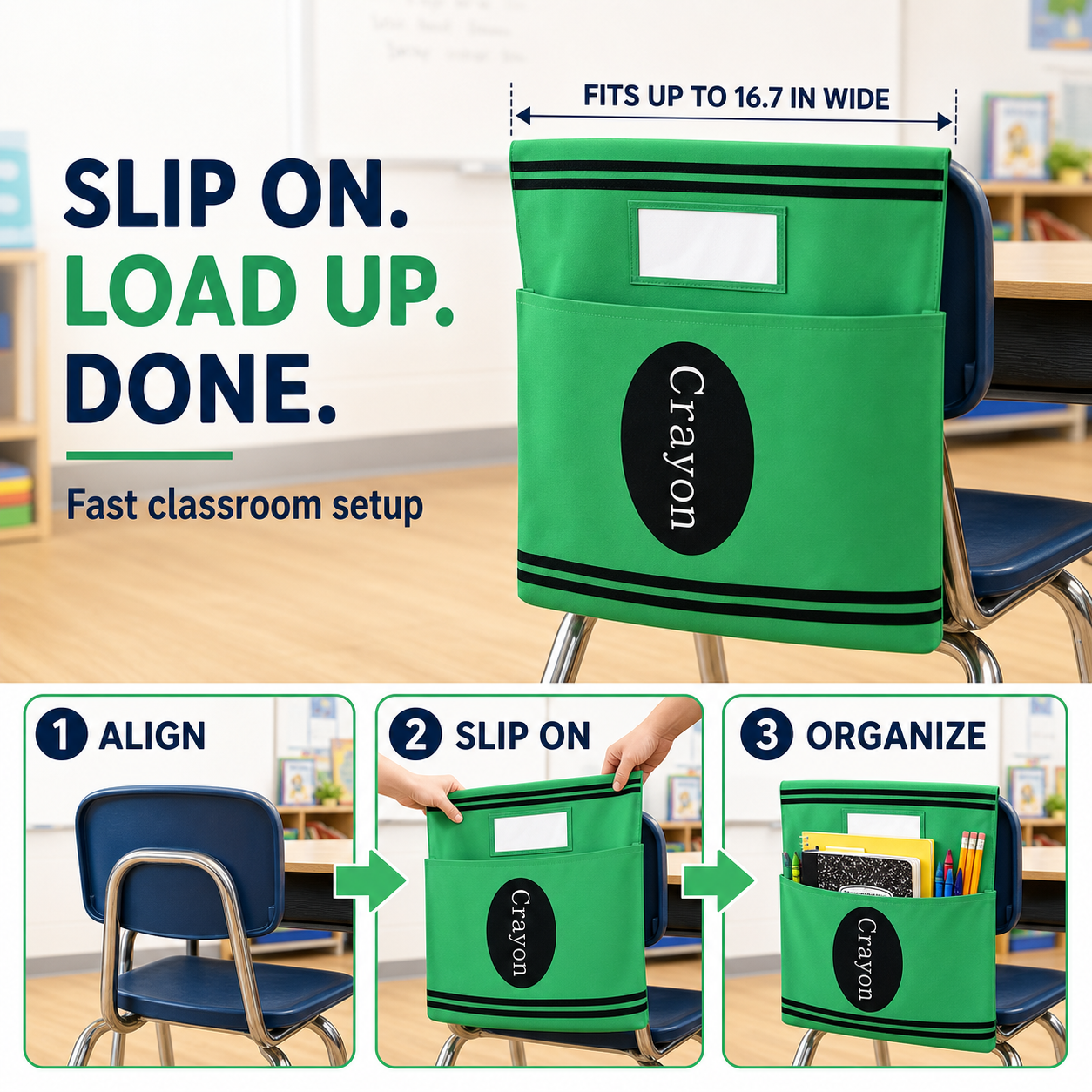 12-Pack Crayon Chair Back Pockets for Classroom Storage