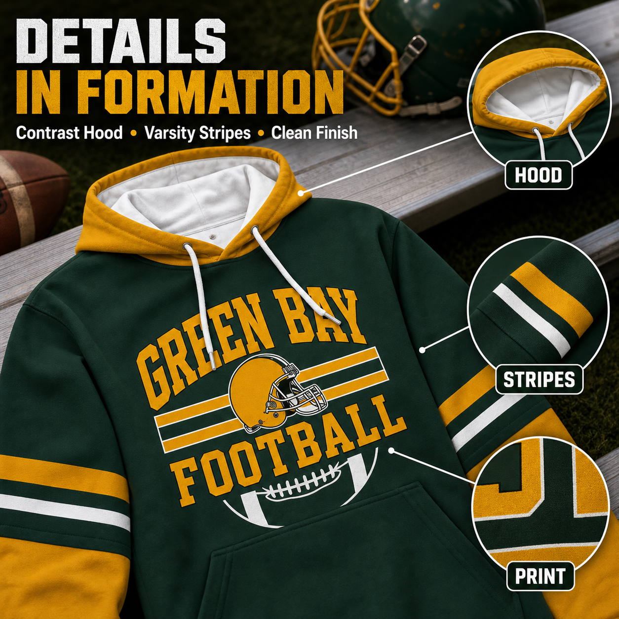 Retro Football Helmet Graphic Hoodie Varsity Style From Every Angle