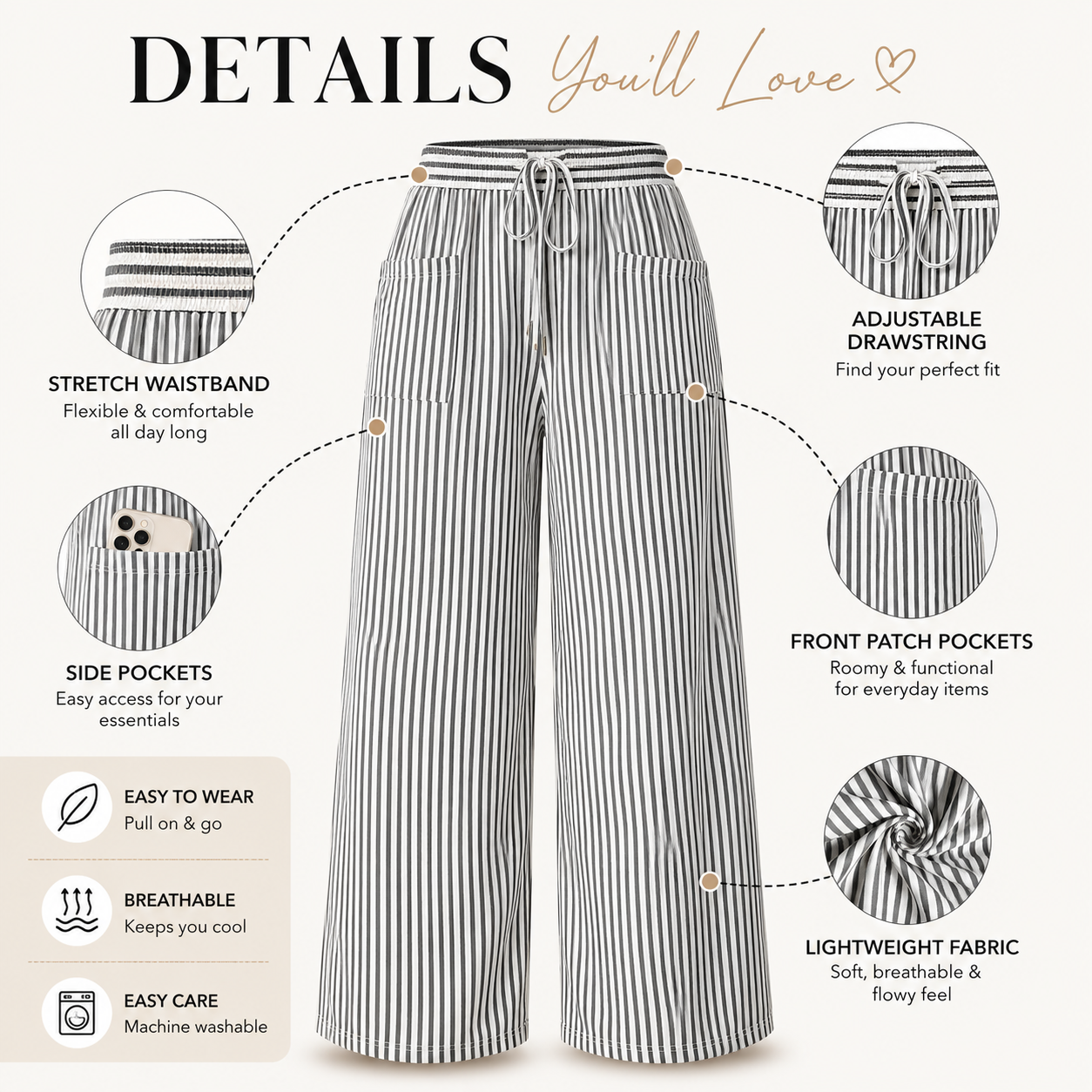 Women’s Plus Size High-Waisted Stretchy Striped Wide-Leg Casual Pants