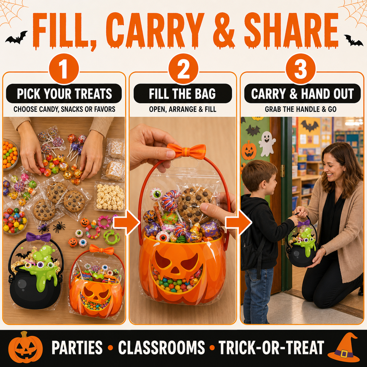 Halloween Plastic Goodie Bags for Candy, Treats & Party Favors