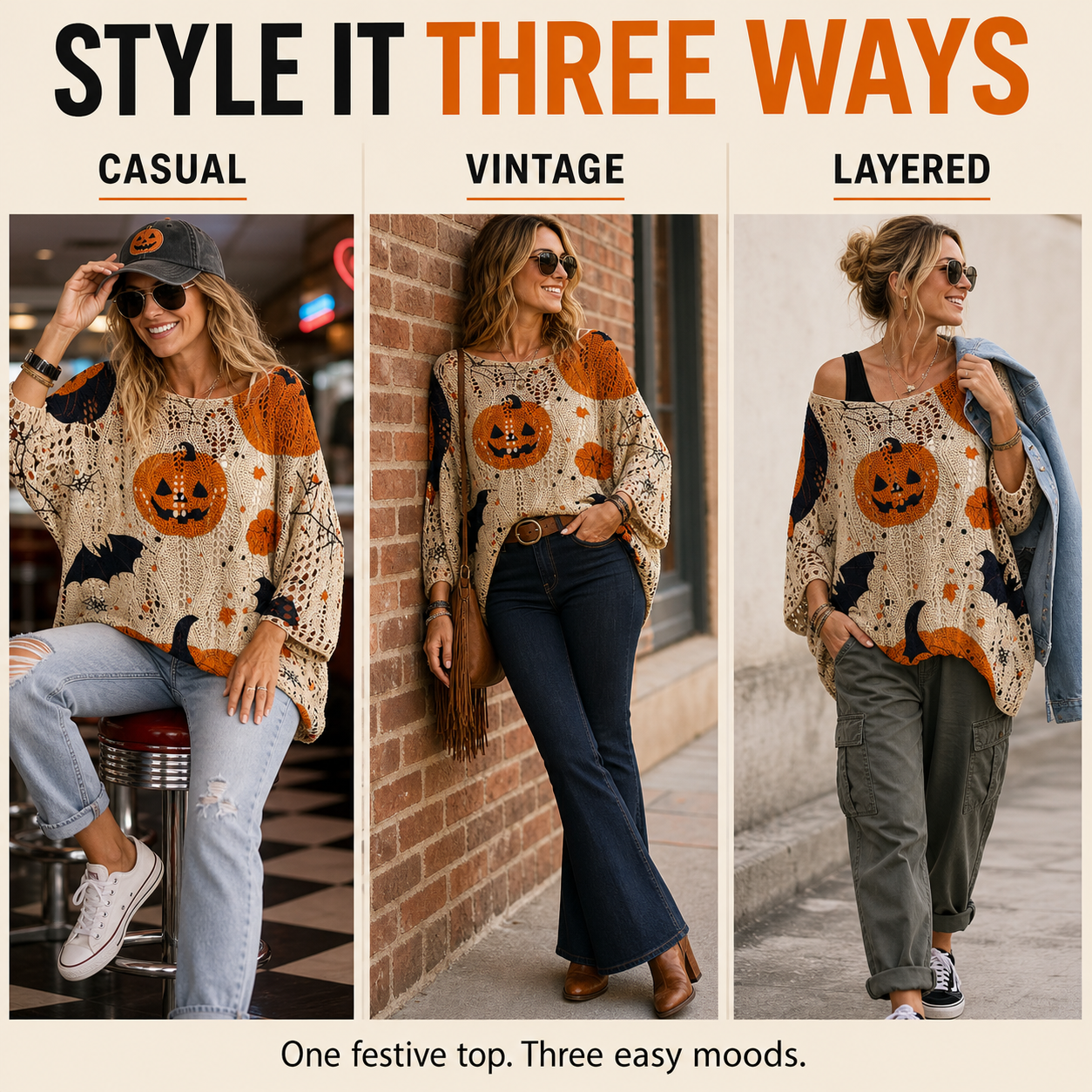 Women's Oversized Halloween Batwing Knit Top