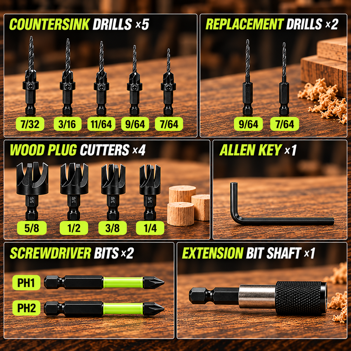 15 PCS Adjustable Countersink Drill Bit Set, Storage Case for Woodworking Toolupgrade