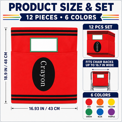 12-Pack Crayon Chair Back Pockets for Classroom Storage