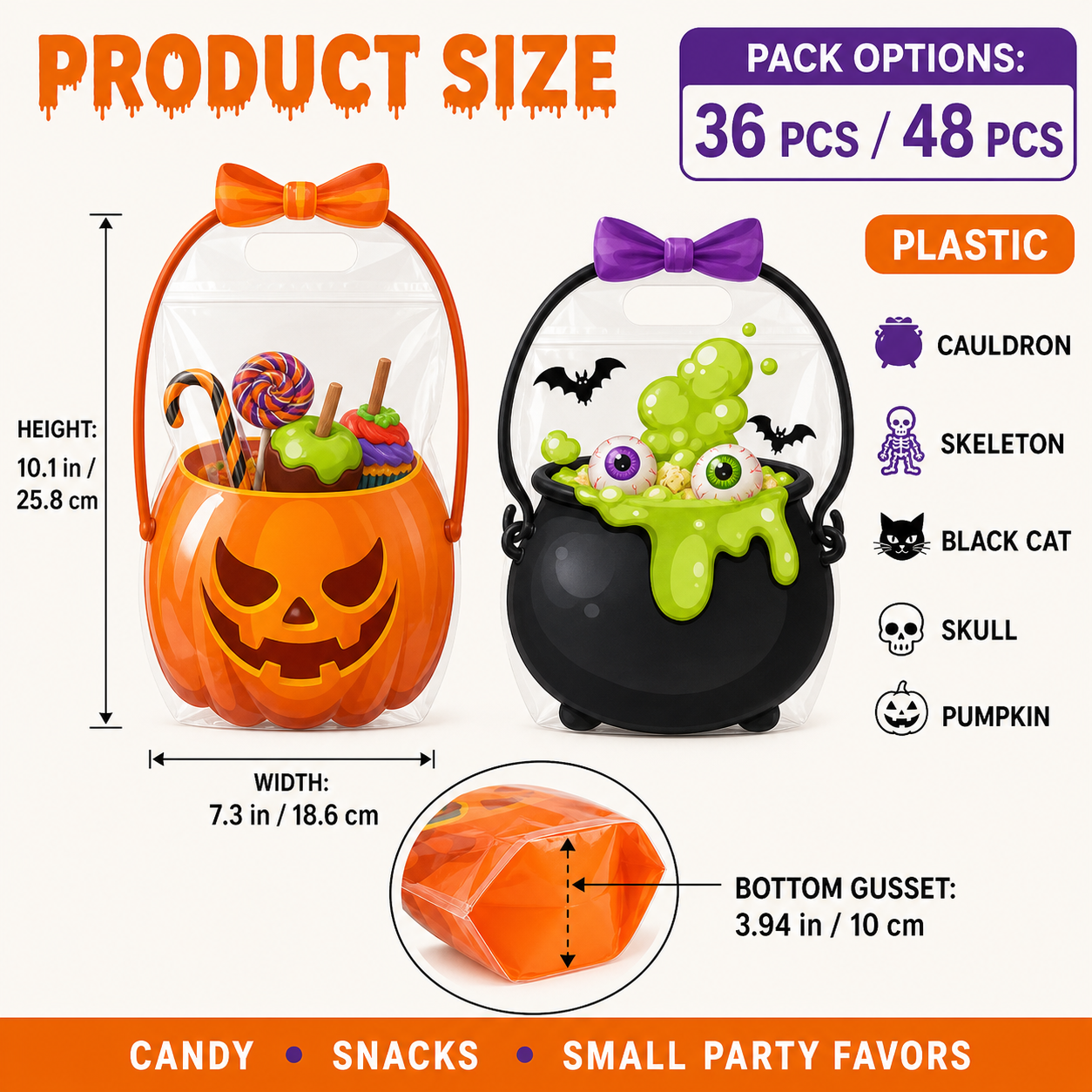 Halloween Plastic Goodie Bags for Candy, Treats & Party Favors