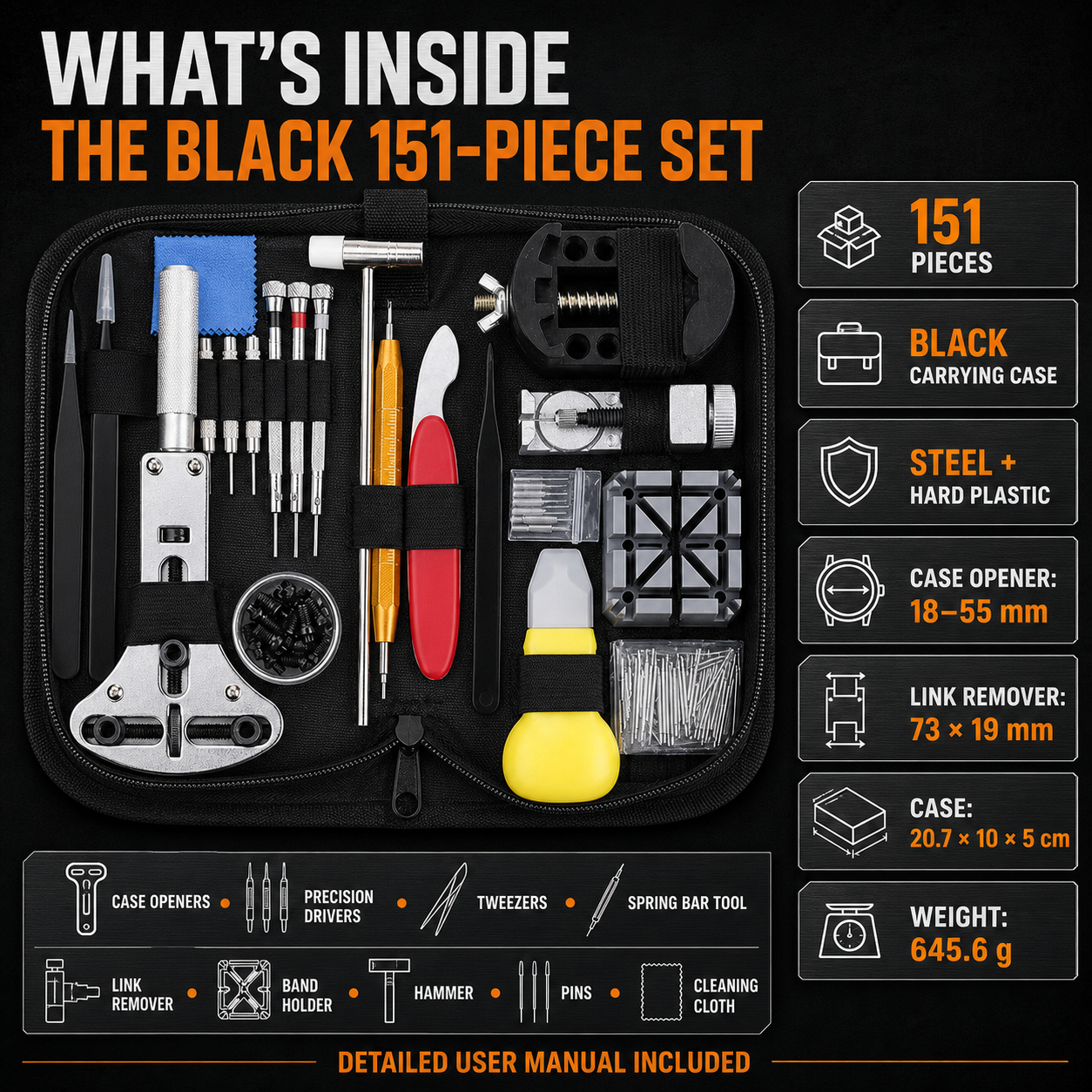 151-Piece Watch Repair Tool Kit - Black Carrying Case