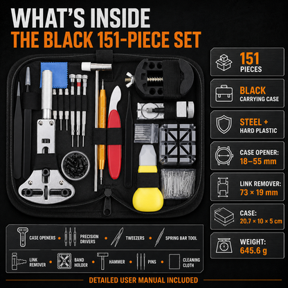 151-Piece Watch Repair Tool Kit - Black Carrying Case