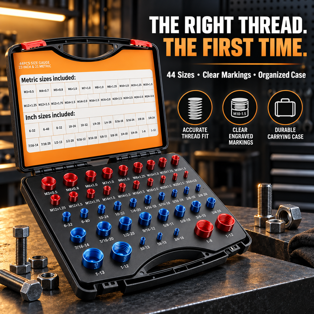 🔩26/44PCS Nut and Bolt Thread Checker - Inch & Metric Sizes, with Handy Tool Box🔩