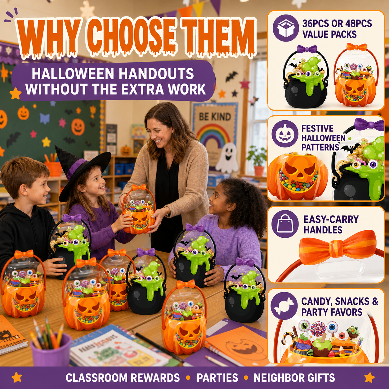 Halloween Plastic Goodie Bags for Candy, Treats & Party Favors