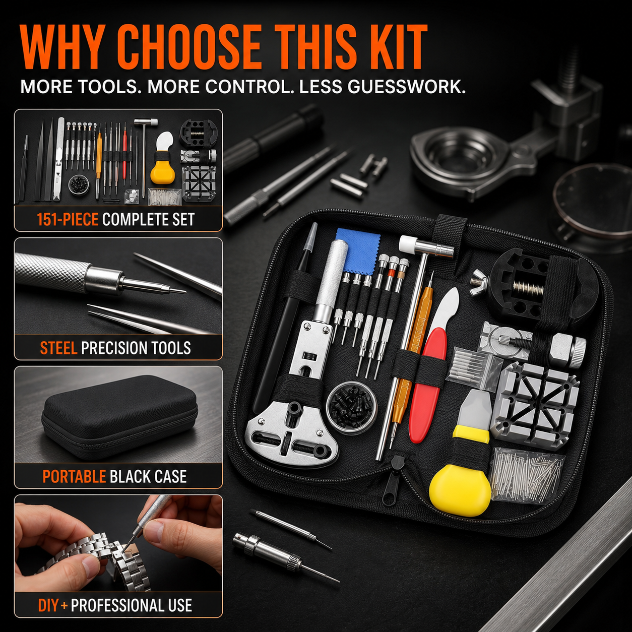 151-Piece Watch Repair Tool Kit - Black Carrying Case