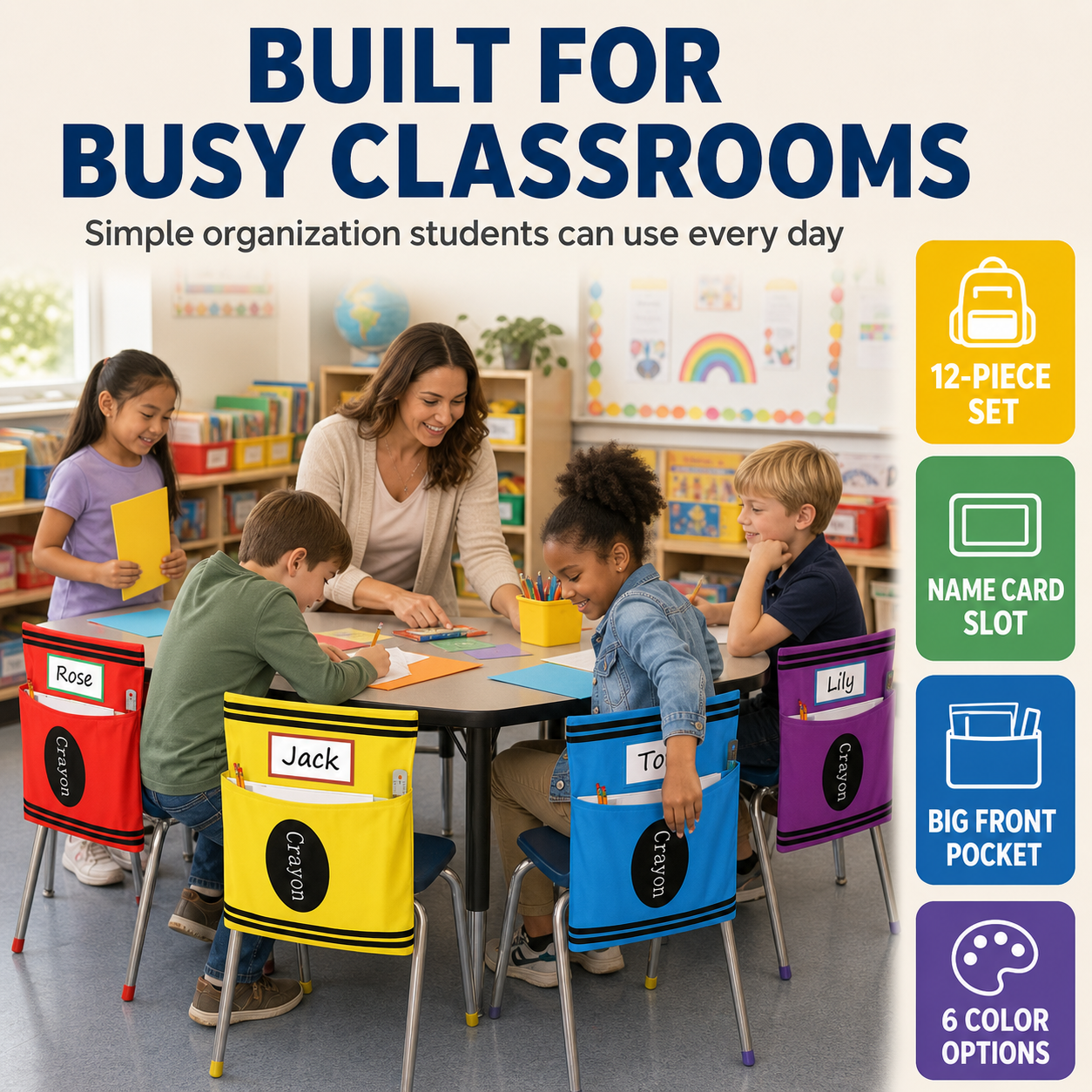 12-Pack Crayon Chair Back Pockets for Classroom Storage