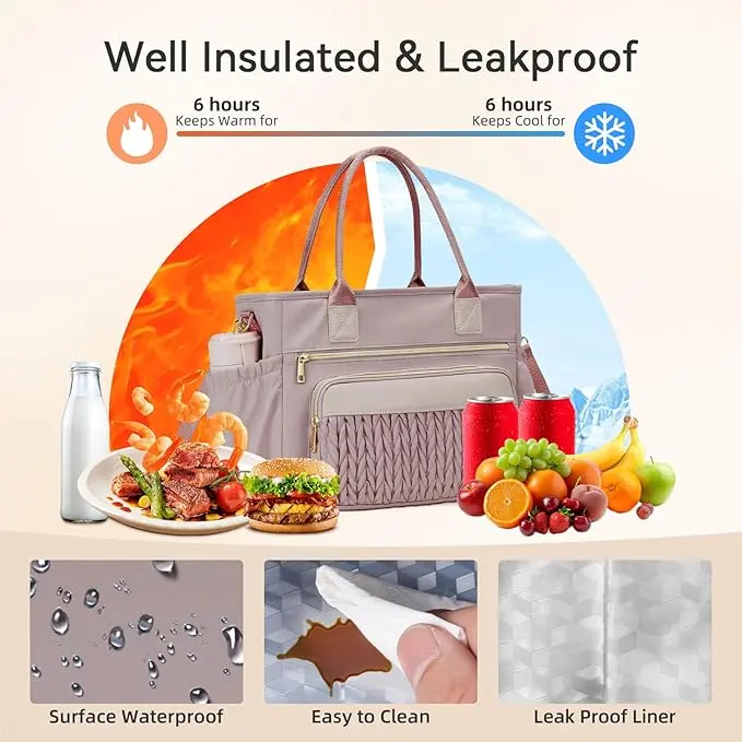 Extra-large capacity lunch bag with adjustable shoulder strap and long-lasting insulation